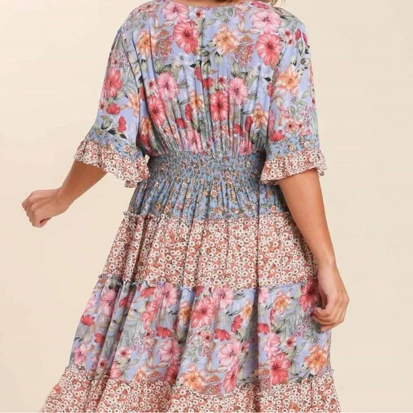 SOLD NWT Large Umgee Mixed Fabric Tiered Midi dress - Picture 6 of 10